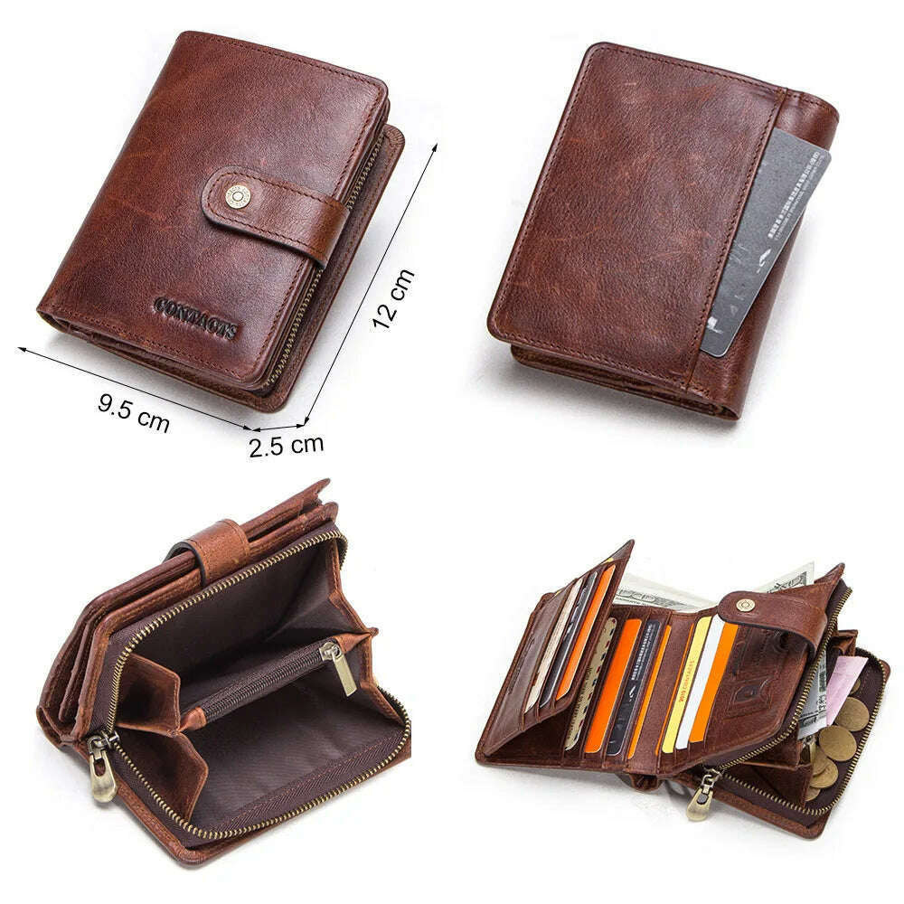 CONTACT'S Genuine Leather RFID Vintage Wallet Men With Coin Pocket Short Wallets Small Zipper Walet With Card Holders Man Purse - KIMLUD