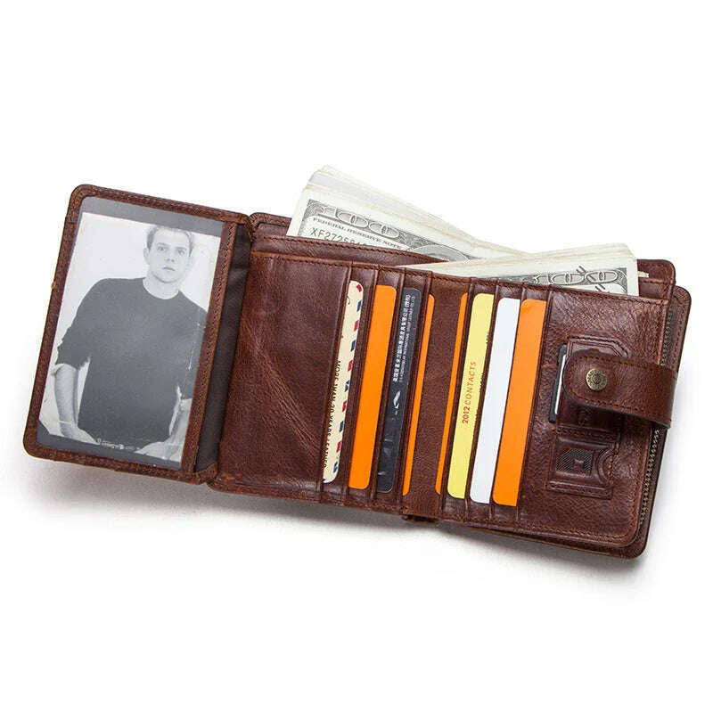 CONTACT'S Genuine Leather RFID Vintage Wallet Men With Coin Pocket Short Wallets Small Zipper Walet With Card Holders Man Purse - KIMLUD