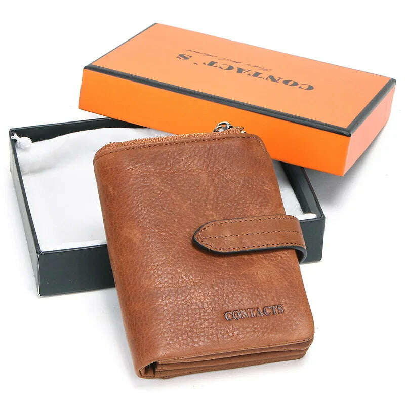 KIMLUD, CONTACT'S Luxury Brand Men Wallet Genuine Leather Bifold Short Wallet Hasp Casual Male Purse Coin Multifunctional Card Holders, style 2 brown Box, KIMLUD Women's Clothes