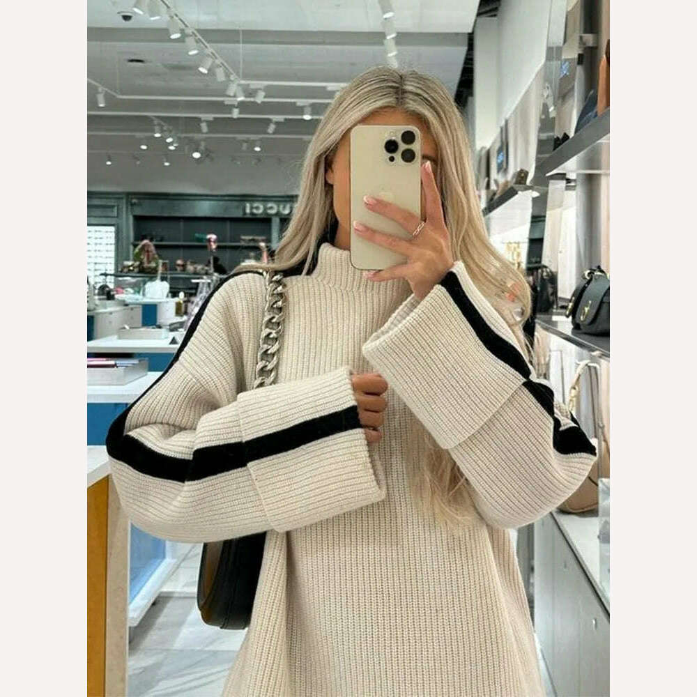 KIMLUD, Contract Mock Collar Knitted Oversized Pullover Women Long Sleeve Loose Thick Top Sweater 2023 Autumn Chic Casual Basic Knitwear, KIMLUD Womens Clothes