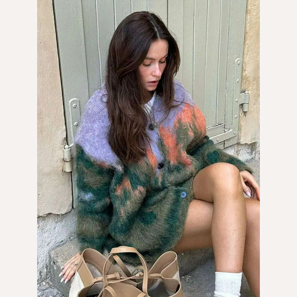 KIMLUD, Contrast Color Mohair Cardigan For Women Loose Long Sleeve Single Breasted Knitted Pullover 2023 Autumn Chic Lady Streetwear, KIMLUD Womens Clothes