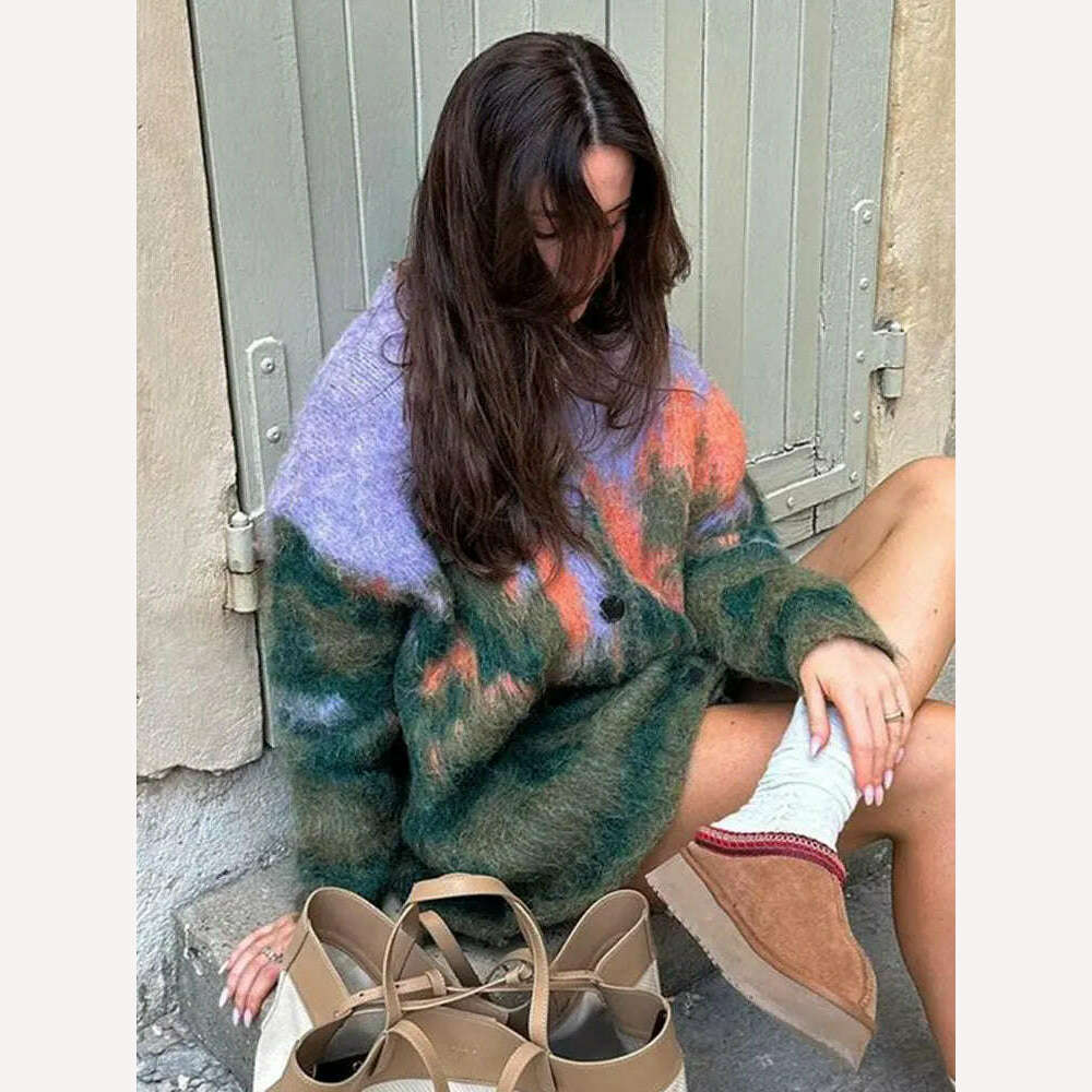 KIMLUD, Contrast Color Mohair Cardigan For Women Loose Long Sleeve Single Breasted Knitted Pullover 2023 Autumn Chic Lady Streetwear, KIMLUD Womens Clothes