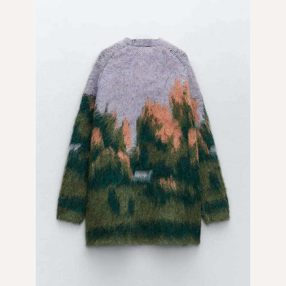 KIMLUD, Contrast Color Mohair Cardigan For Women Loose Long Sleeve Single Breasted Knitted Pullover 2023 Autumn Chic Lady Streetwear, KIMLUD Womens Clothes