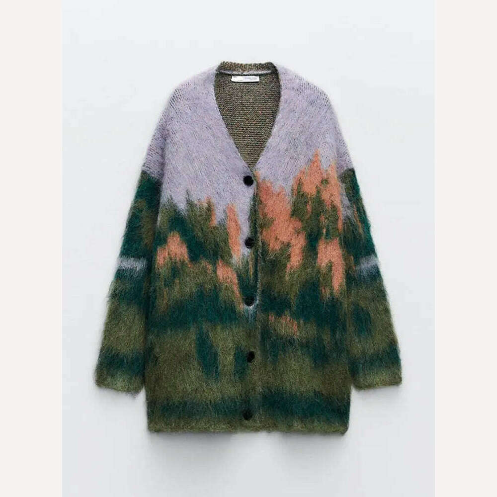 KIMLUD, Contrast Color Mohair Cardigan For Women Loose Long Sleeve Single Breasted Knitted Pullover 2023 Autumn Chic Lady Streetwear, KIMLUD Womens Clothes