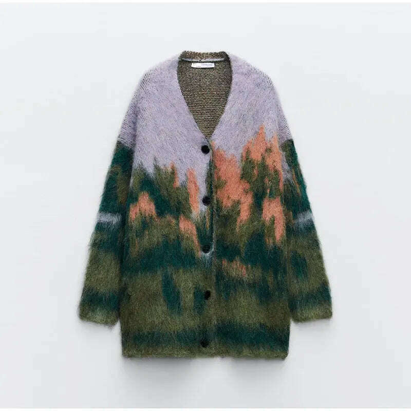 KIMLUD, Contrast Color Mohair Cardigan For Women Loose Long Sleeve Single Breasted Knitted Pullover 2023 Autumn Chic Lady Streetwear, GREEN / XS, KIMLUD APPAREL - Womens Clothes
