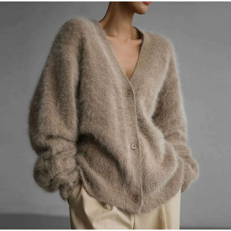 KIMLUD, Contrast Color Mohair Cardigan For Women Loose Long Sleeve Single Breasted Knitted Pullover 2023 Autumn Chic Lady Streetwear, khaki / XS, KIMLUD APPAREL - Womens Clothes