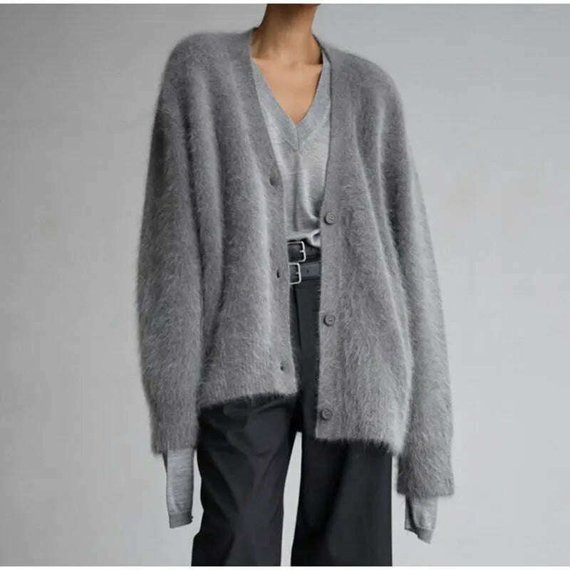 KIMLUD, Contrast Color Mohair Cardigan For Women Loose Long Sleeve Single Breasted Knitted Pullover 2023 Autumn Chic Lady Streetwear, dark gray / XS, KIMLUD APPAREL - Womens Clothes