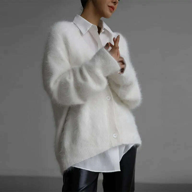 KIMLUD, Contrast Color Mohair Cardigan For Women Loose Long Sleeve Single Breasted Knitted Pullover 2023 Autumn Chic Lady Streetwear, white / XS, KIMLUD APPAREL - Womens Clothes