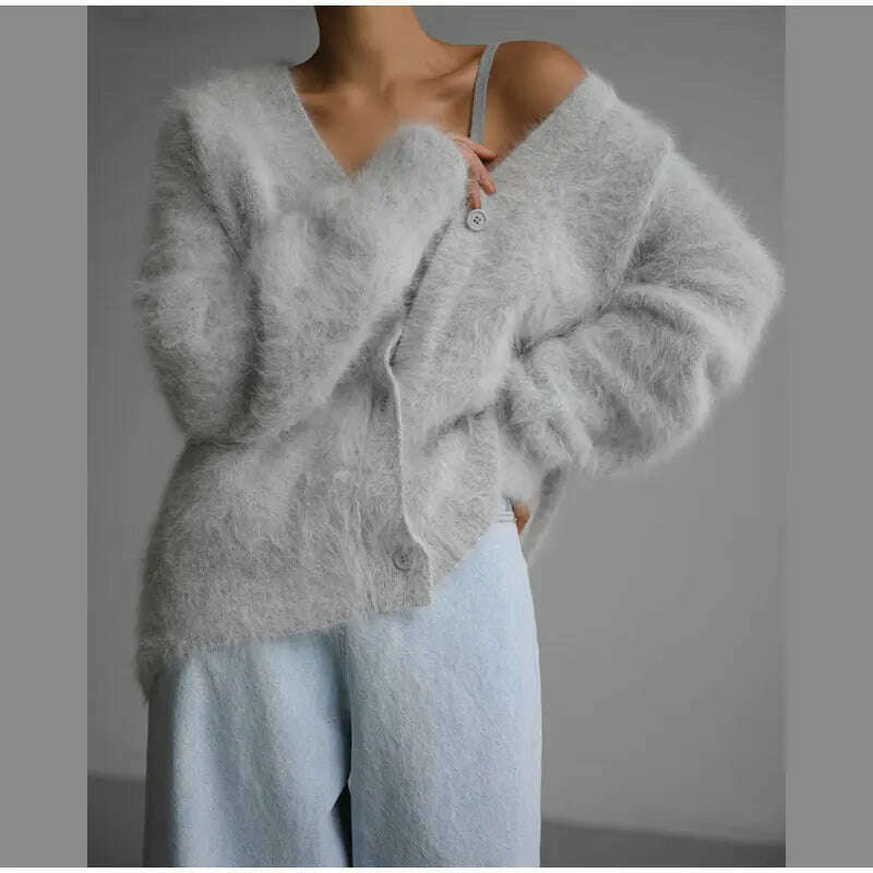 KIMLUD, Contrast Color Mohair Cardigan For Women Loose Long Sleeve Single Breasted Knitted Pullover 2023 Autumn Chic Lady Streetwear, light gray / XS, KIMLUD APPAREL - Womens Clothes