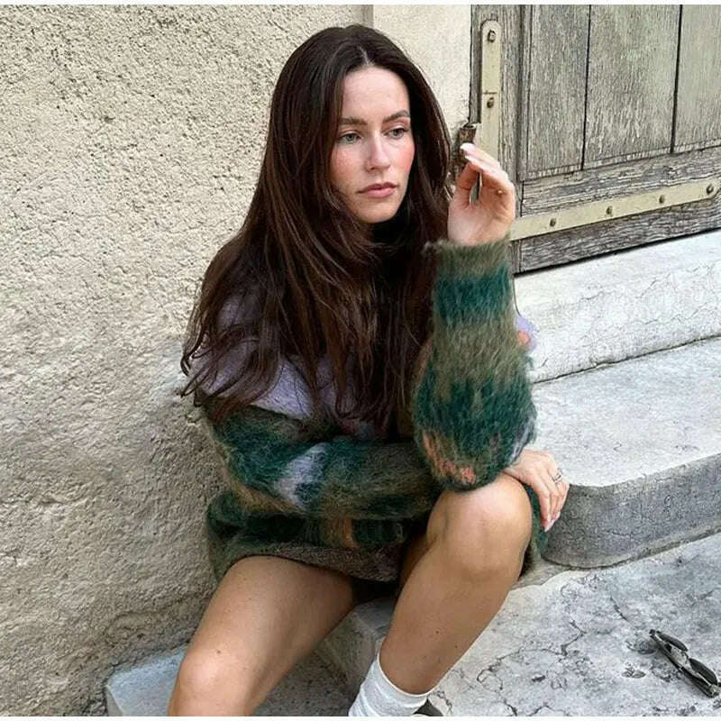 KIMLUD, Contrast Color Mohair Cardigan For Women Loose Long Sleeve Single Breasted Knitted Pullover 2023 Autumn Chic Lady Streetwear, KIMLUD Womens Clothes