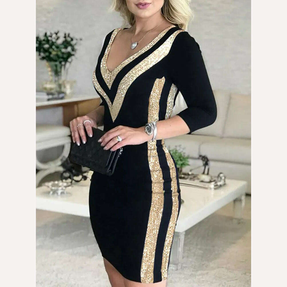 KIMLUD, Contrast Color Striped Tape Bodycon Dress Women Sexy V Neck Long Sleeve Party Dress, Gold / S, KIMLUD Women's Clothes