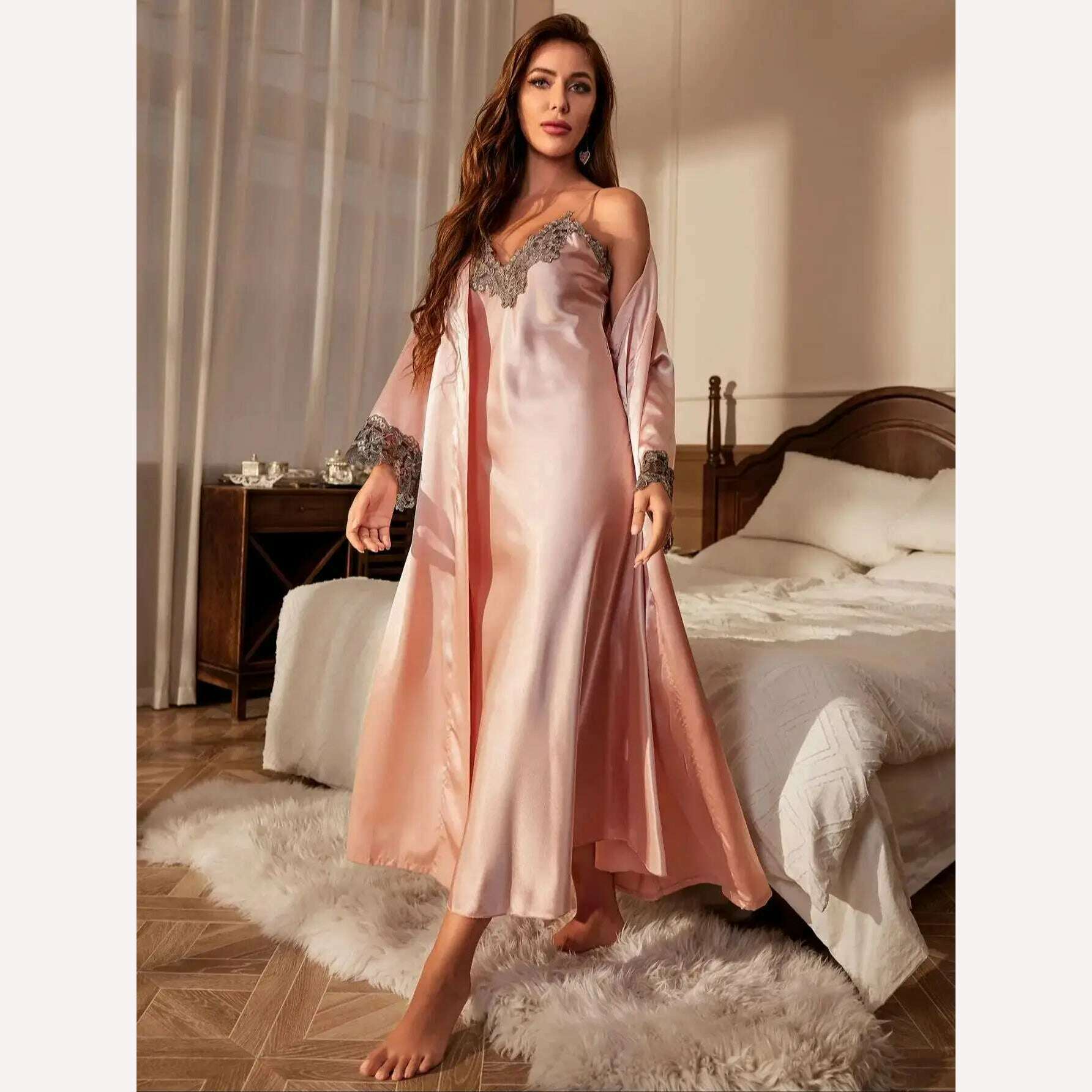 Contrast Lace Pajama Set Long Sleeve Robe With Belt  V Neck Slip Dress Women's Sleepwear  Loungewear, Pink / S, KIMLUD Women's Clothes