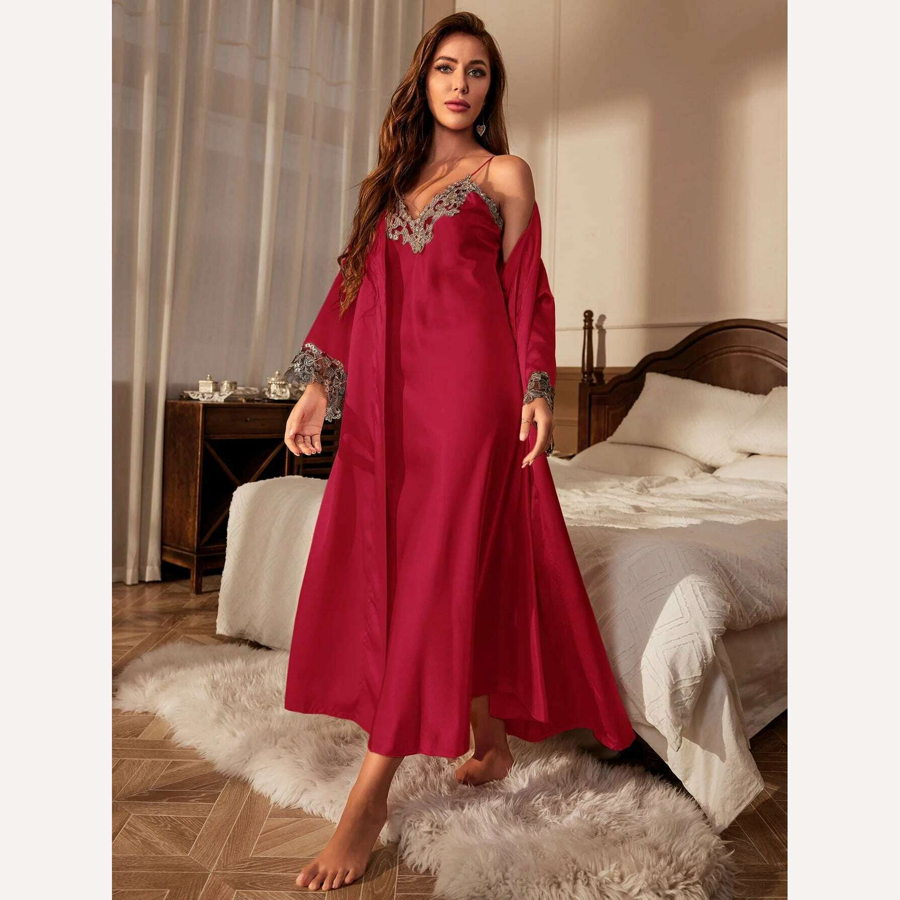 Contrast Lace Pajama Set Long Sleeve Robe With Belt  V Neck Slip Dress Women's Sleepwear  Loungewear, Red / S, KIMLUD Women's Clothes