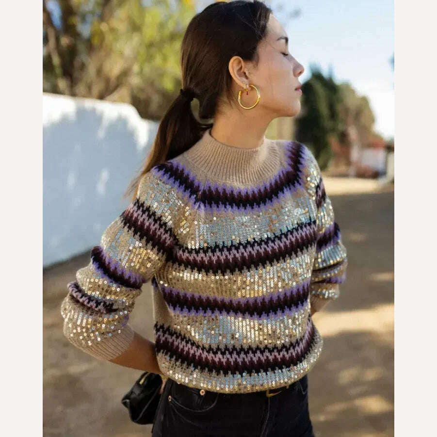 KIMLUD, Contrast Striped Sequins Chic O-neck Sweater Women Elegant Long Sleeve Colorful Knitted Crop Jumper 2024 Fashion Streetwear, KIMLUD Womens Clothes