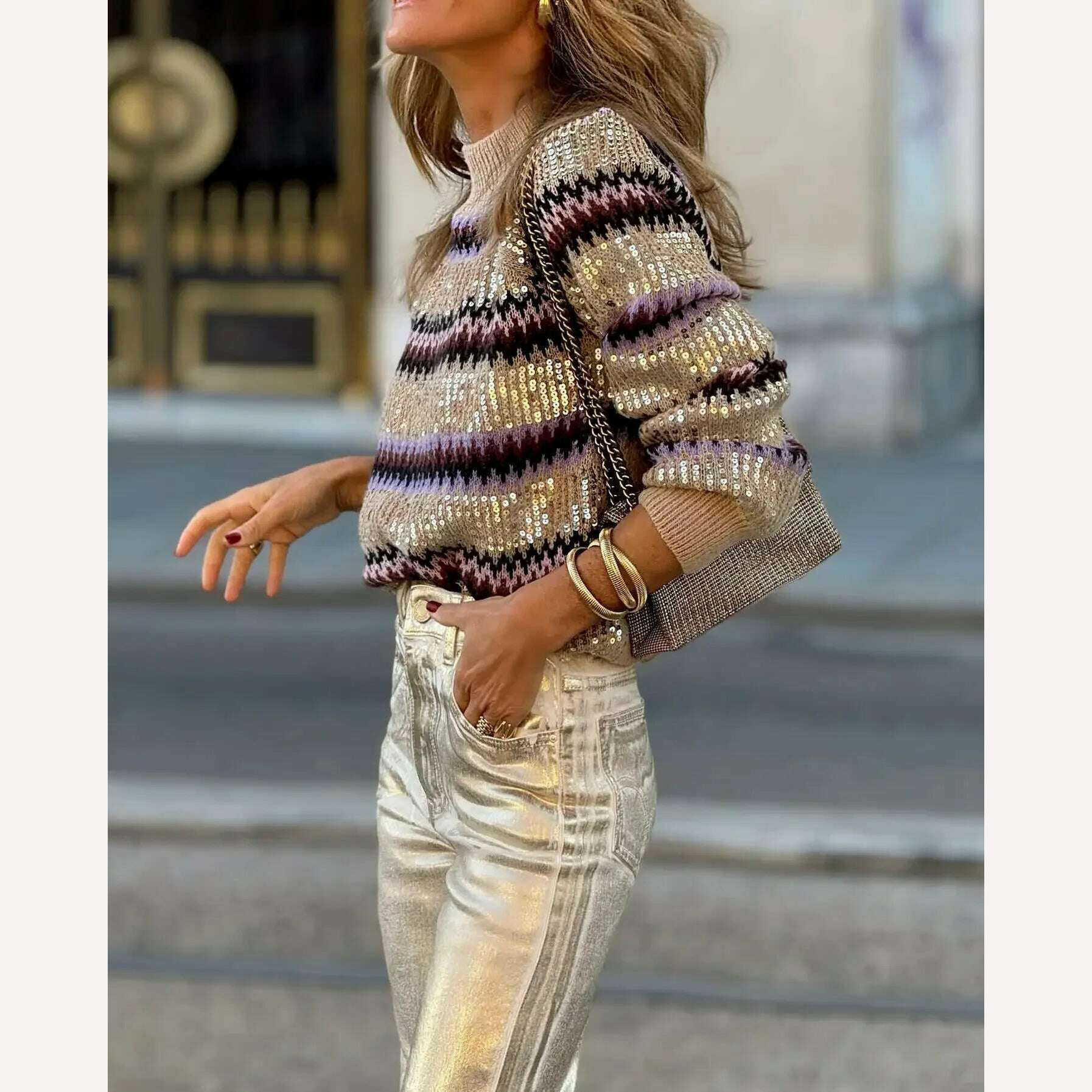 KIMLUD, Contrast Striped Sequins Chic O-neck Sweater Women Elegant Long Sleeve Colorful Knitted Crop Jumper 2024 Fashion Streetwear, KIMLUD Women's Clothes