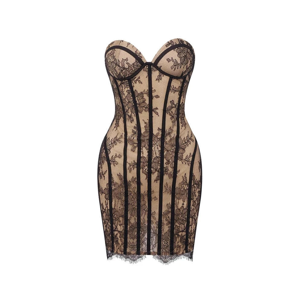 Corset Mini Dress - Floral Lace - Polyester - Wine Red | KIMLUD