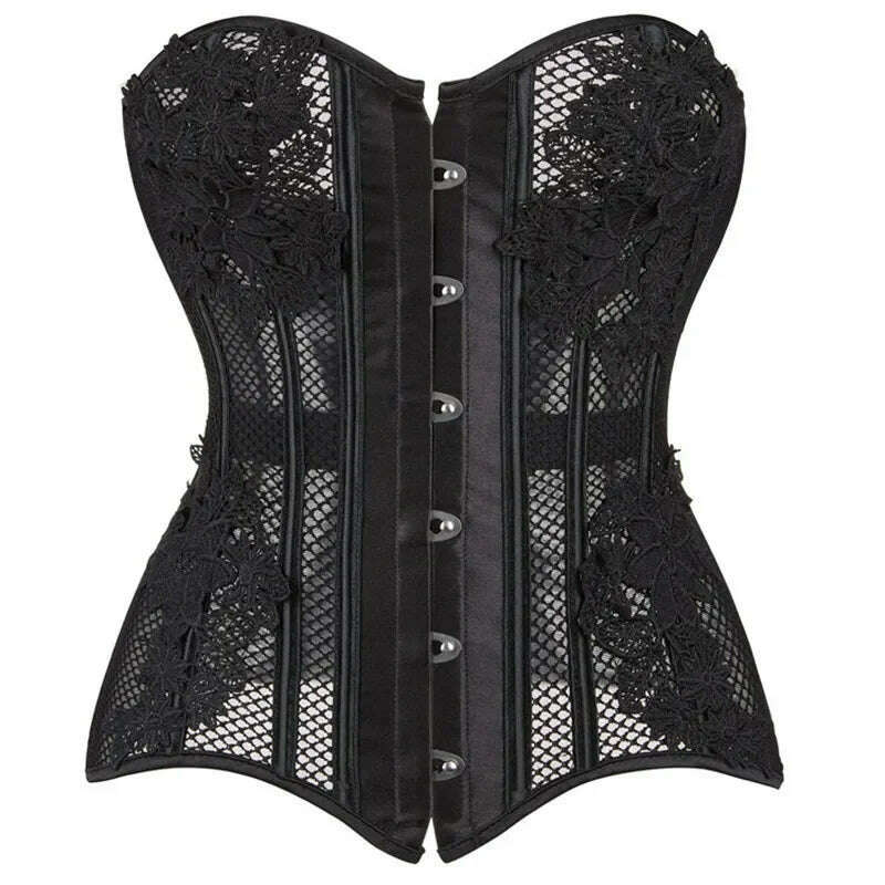 KIMLUD, Corsets And Bustiers Tops Plus Size Mesh Black Brocade Lingerie Corselet Overbust Lace Up Clubwear korsett, black / M, KIMLUD APPAREL - Womens Clothes