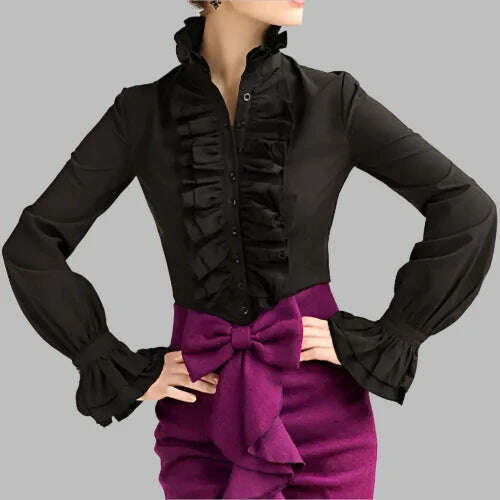 KIMLUD, cosplay lolita tops Victorian Womens Tops Ruffles Long Sleeve Frill Solid Color OL Office Shirt Frilly Cuffs High Neck Blouse, KIMLUD Womens Clothes