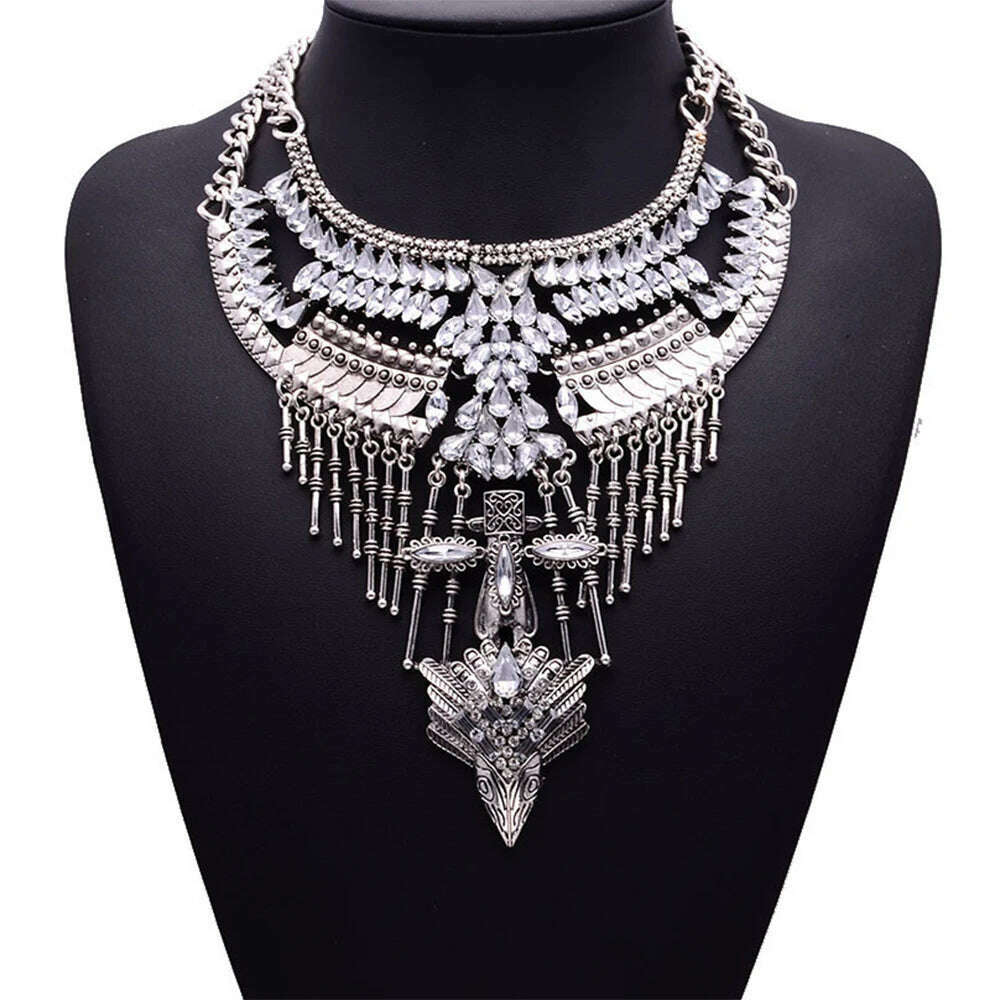 Costume Jewellery Luxury Statement Tribal Vintage Silver Color Oversized Crystal Rhinestone Big Bib Choker Necklace for Women - KIMLUD