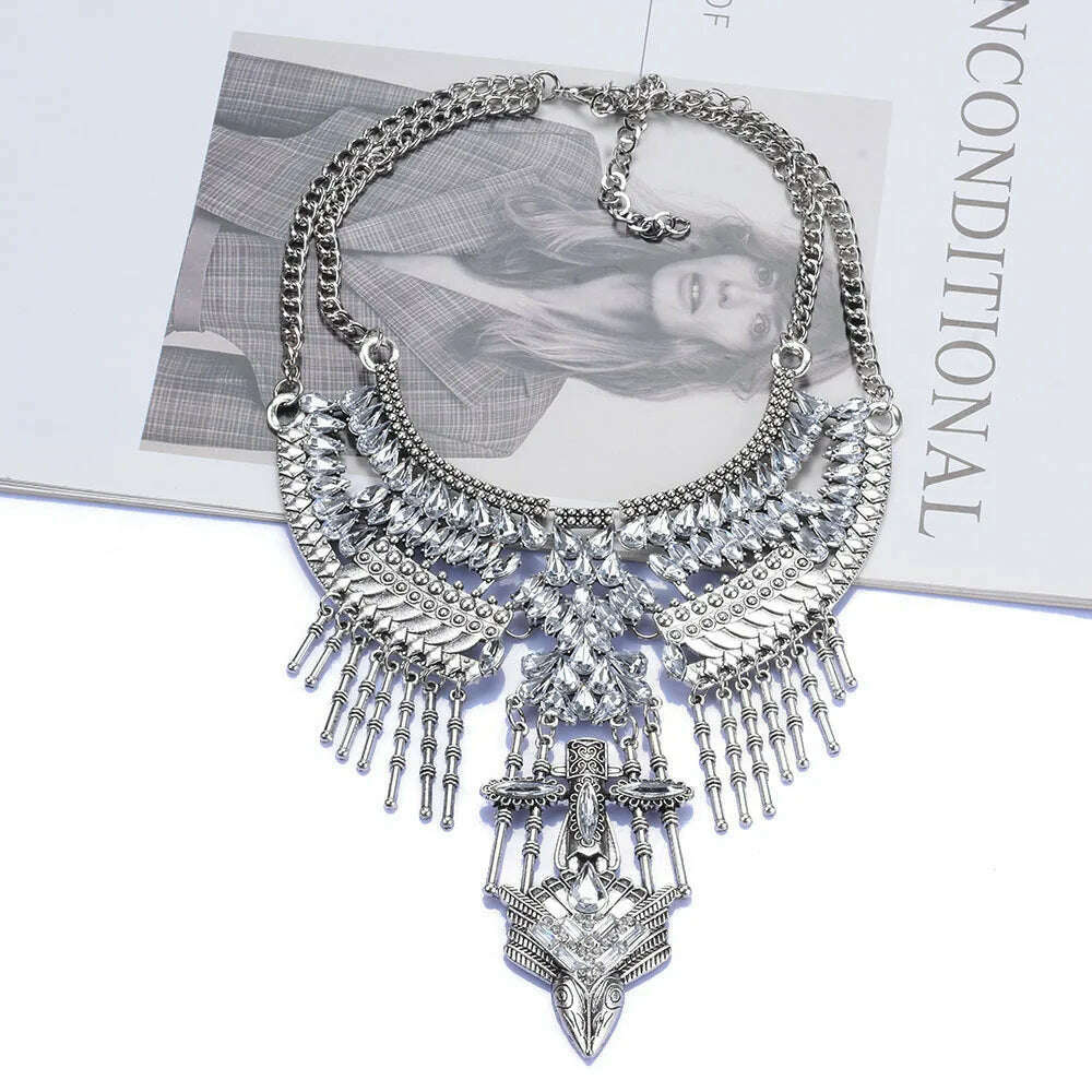 Costume Jewellery Luxury Statement Tribal Vintage Silver Color Oversized Crystal Rhinestone Big Bib Choker Necklace for Women - KIMLUD