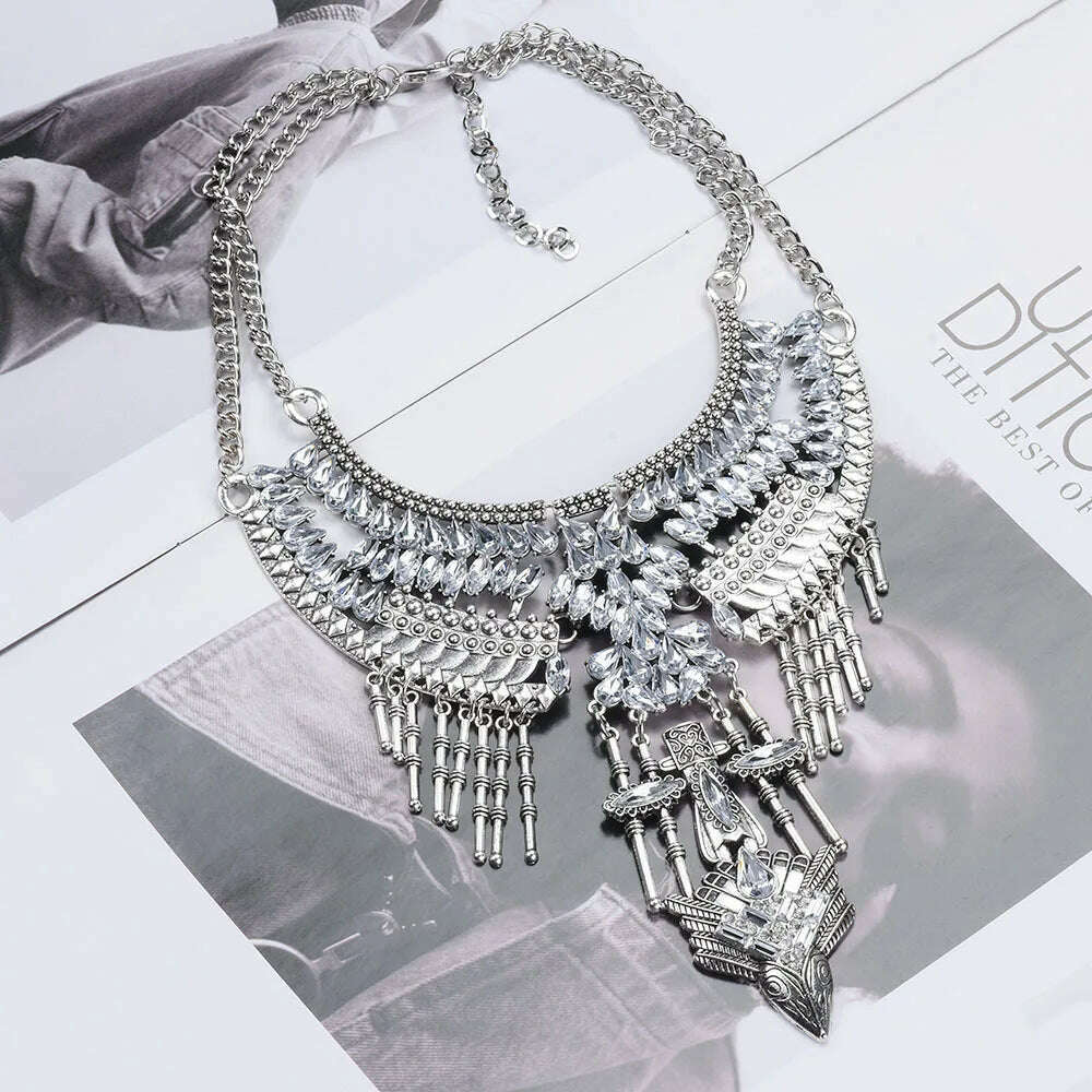 Costume Jewellery Luxury Statement Tribal Vintage Silver Color Oversized Crystal Rhinestone Big Bib Choker Necklace for Women - KIMLUD