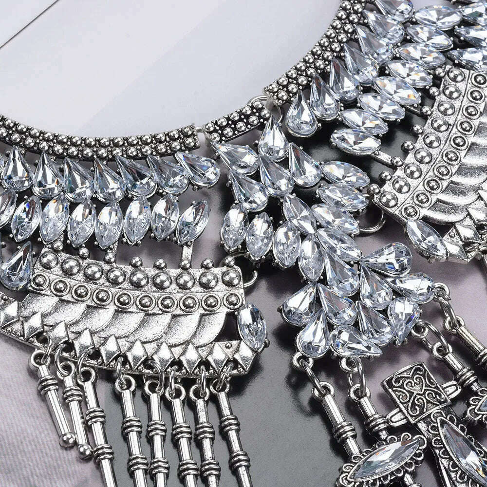 Costume Jewellery Luxury Statement Tribal Vintage Silver Color Oversized Crystal Rhinestone Big Bib Choker Necklace for Women - KIMLUD
