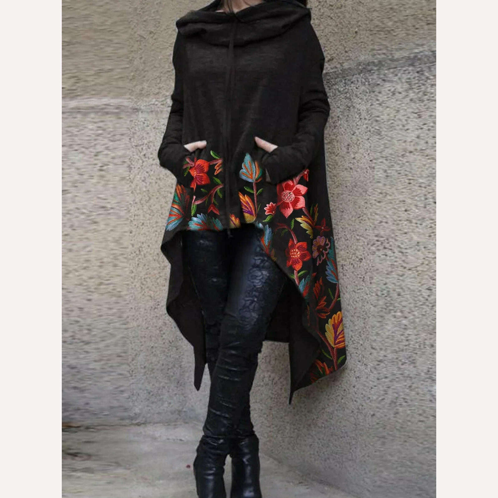 KIMLUD, Cotton Blend Women Floral Asymmetric Hem Drawstring Hoodies Sweatshirt Loose Poncho Coat for Women Hooded Sweatshirt 2024, Black / XXL / CHINA, KIMLUD APPAREL - Womens Clothes