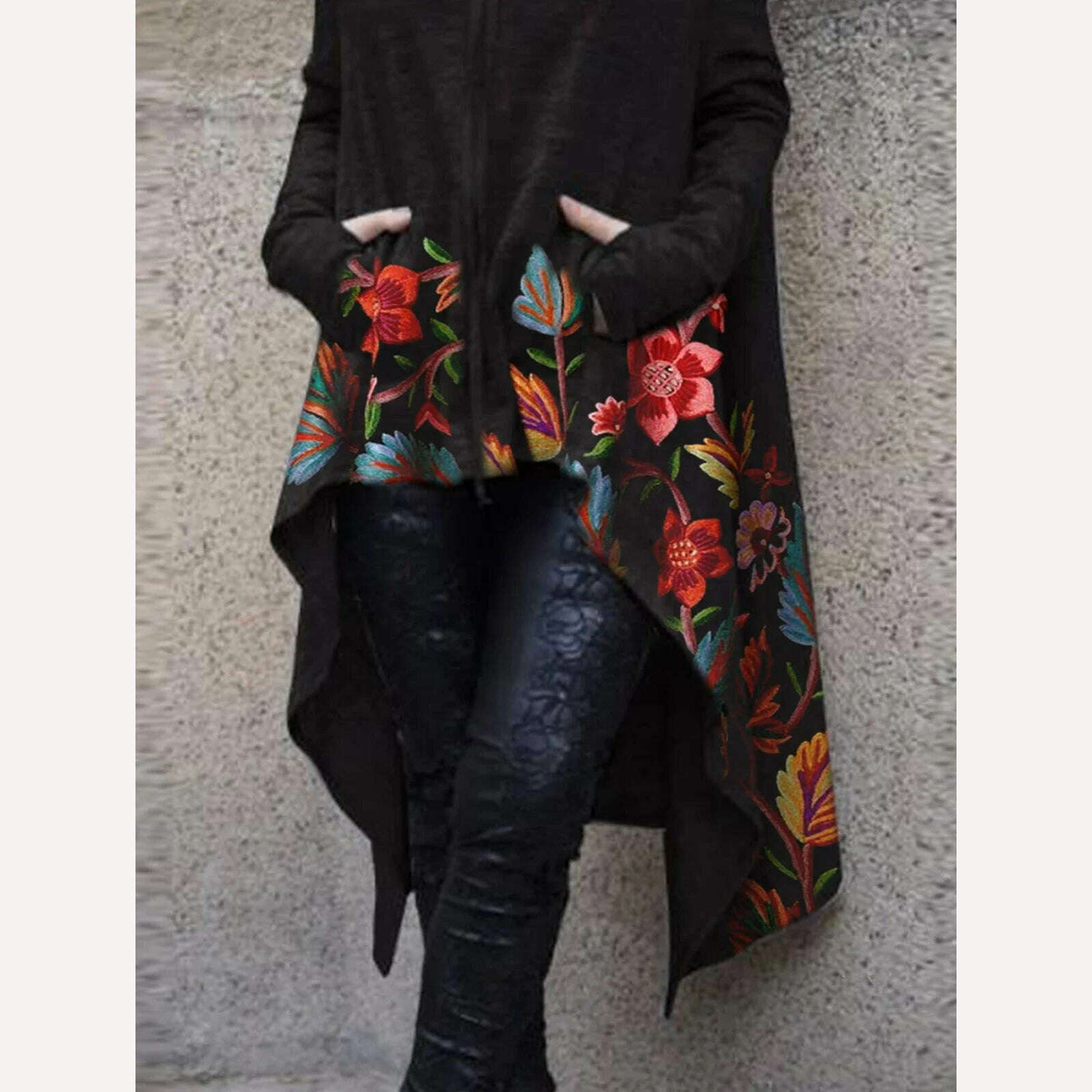 KIMLUD, Cotton Blend Women Floral Asymmetric Hem Drawstring Hoodies Sweatshirt Loose Poncho Coat for Women Hooded Sweatshirt 2024, KIMLUD Womens Clothes