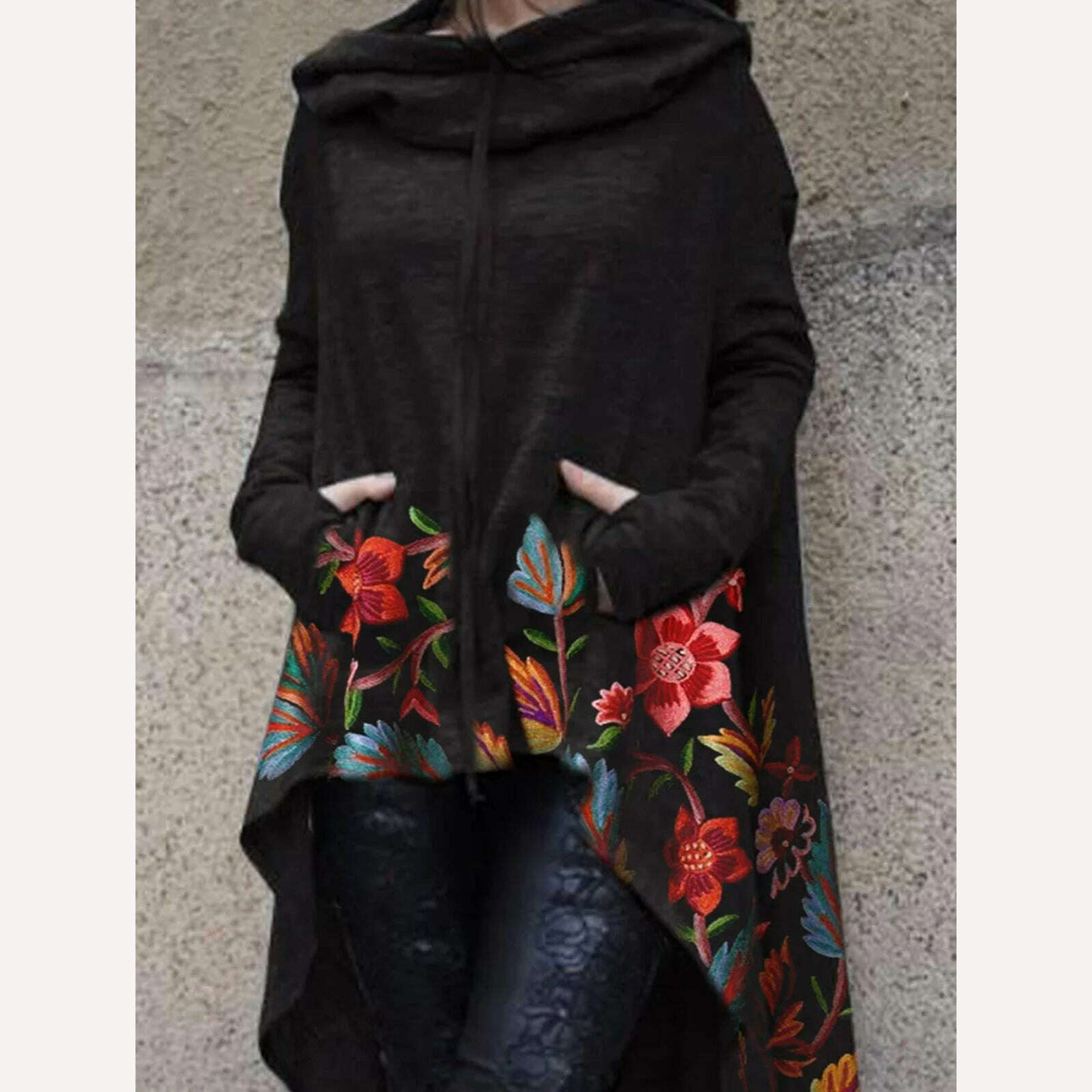 KIMLUD, Cotton Blend Women Floral Asymmetric Hem Drawstring Hoodies Sweatshirt Loose Poncho Coat for Women Hooded Sweatshirt 2024, KIMLUD Womens Clothes