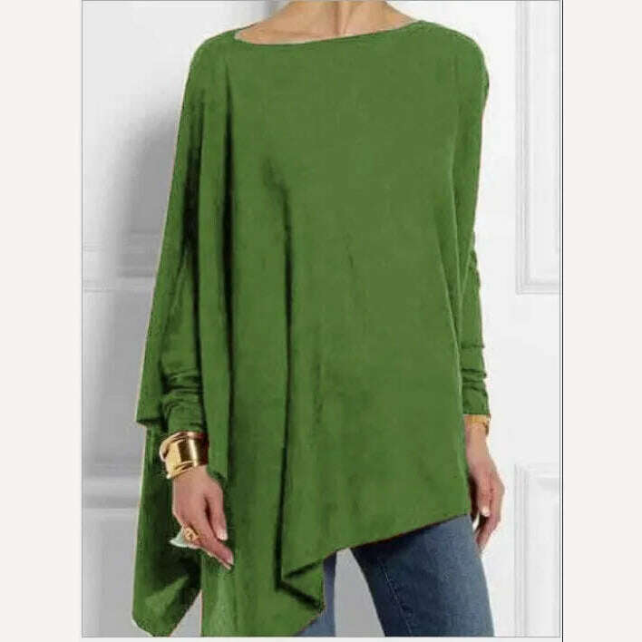 KIMLUD, Cotton Irregular Womens Tops And Blouses Casual O Neck Long Sleeve Top Female Tunic 2021 Autumn Plus Size Women Blusas Shirts, Green / S, KIMLUD Women's Clothes