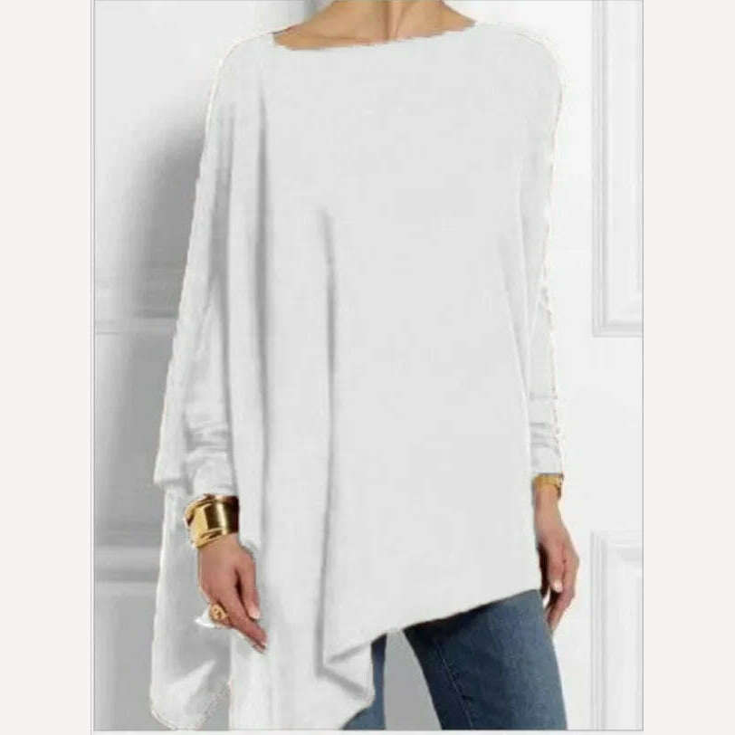 KIMLUD, Cotton Irregular Womens Tops And Blouses Casual O Neck Long Sleeve Top Female Tunic 2021 Autumn Plus Size Women Blusas Shirts, White / S, KIMLUD Women's Clothes