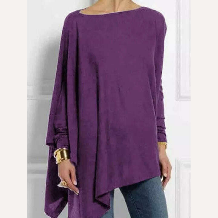 KIMLUD, Cotton Irregular Womens Tops And Blouses Casual O Neck Long Sleeve Top Female Tunic 2021 Autumn Plus Size Women Blusas Shirts, PURPLE / S, KIMLUD Womens Clothes