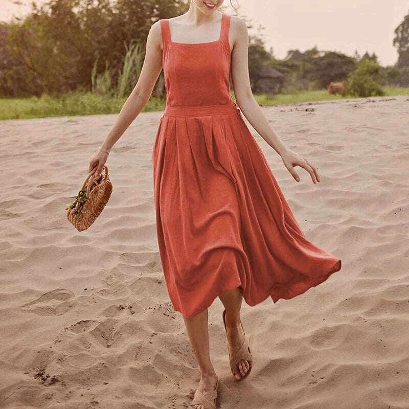 Cotton Linen Elegant Women Dress Sexy Sleeveless Sqaure Collar Back Cross Long Midi Party Dress With Pocket Summer Clothes - KIMLUD