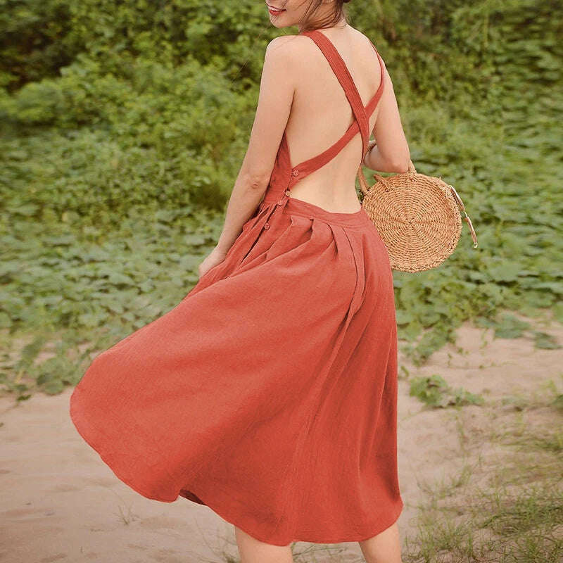 Cotton Linen Elegant Women Dress Sexy Sleeveless Sqaure Collar Back Cross Long Midi Party Dress With Pocket Summer Clothes - KIMLUD