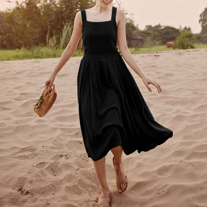 Cotton Linen Elegant Women Dress Sexy Sleeveless Sqaure Collar Back Cross Long Midi Party Dress With Pocket Summer Clothes - KIMLUD