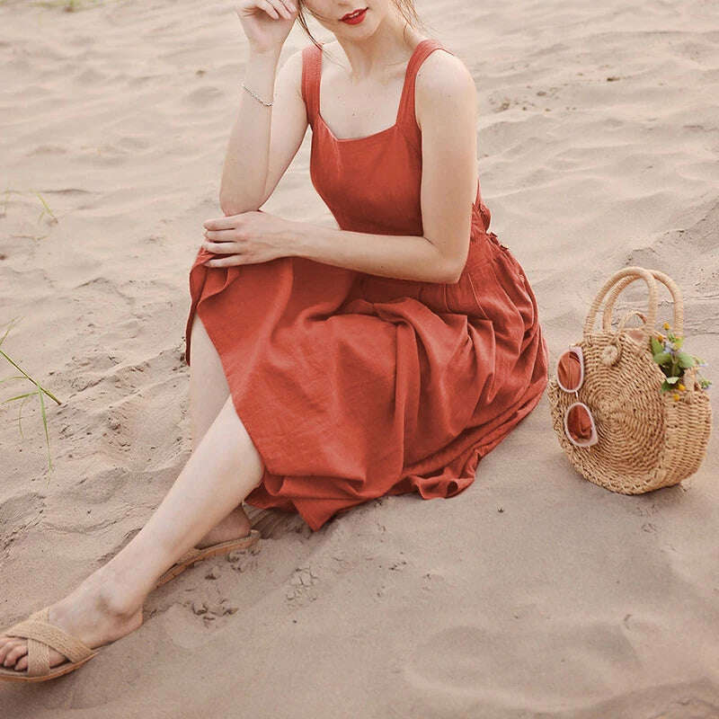 Cotton Linen Elegant Women Dress Sexy Sleeveless Sqaure Collar Back Cross Long Midi Party Dress With Pocket Summer Clothes - KIMLUD
