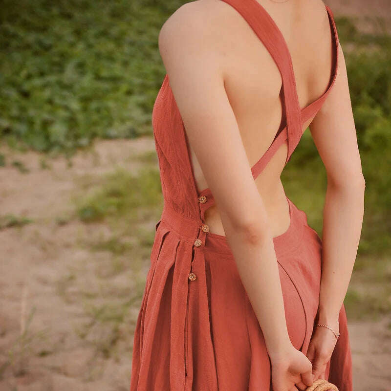 Cotton Linen Elegant Women Dress Sexy Sleeveless Sqaure Collar Back Cross Long Midi Party Dress With Pocket Summer Clothes - KIMLUD