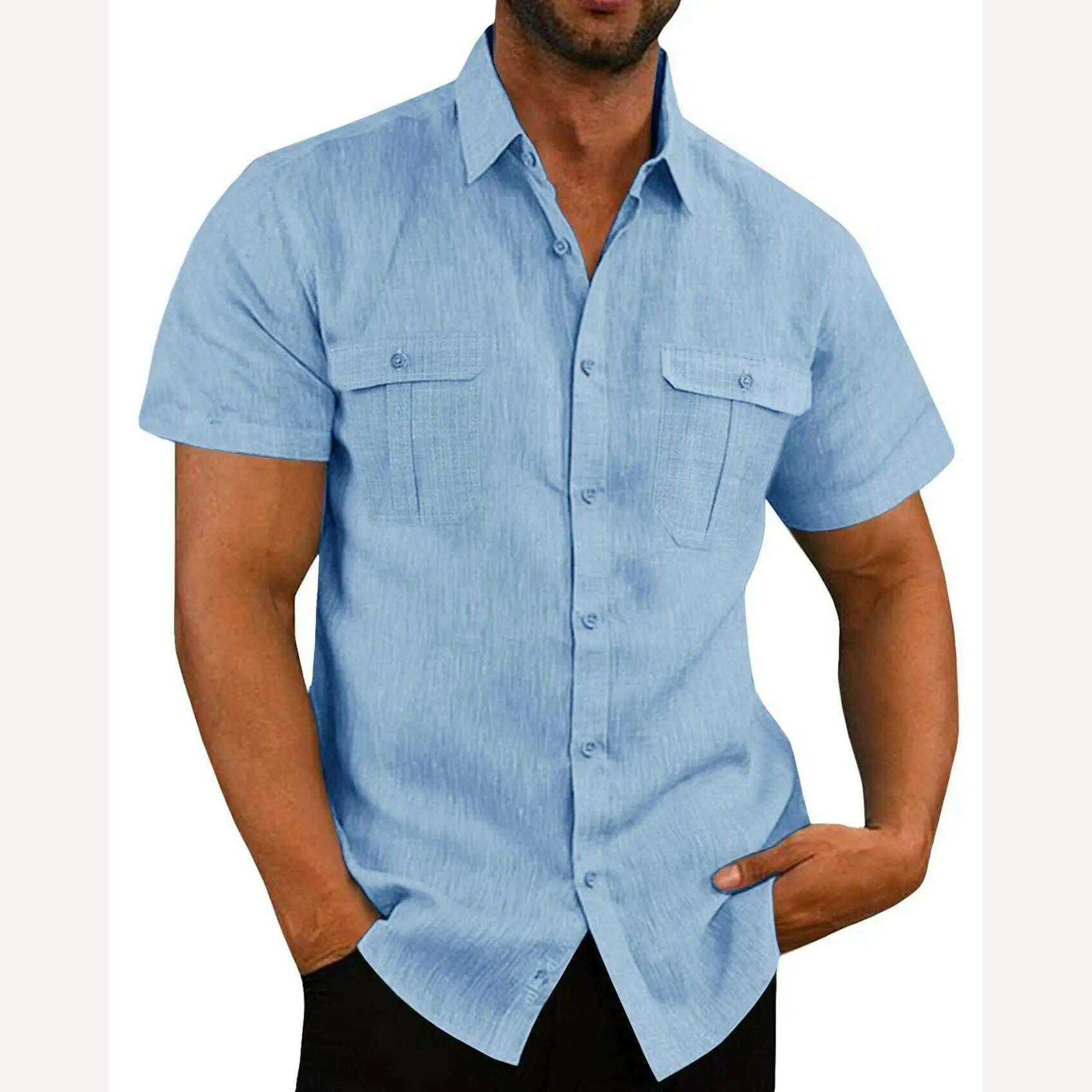 Cotton Linen Hot Sale Men Short-Sleeved Shirts Summer Solid Color Stand-Up Collar Casual Beach Style Plus SizeMale Shirts M-5XL - KIMLUD