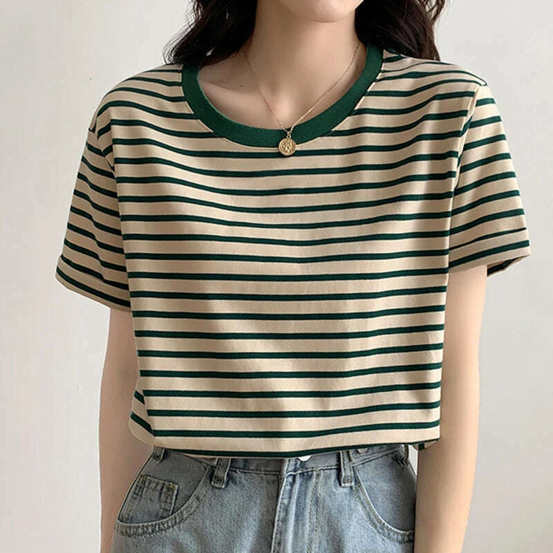 KIMLUD, Cotton T Shirt Women 2023 Summer Loose Striped T Shirts Casual O Neck Basic Ladies Clothes Korean Fashion T-shirt Female Tee Top, KIMLUD Women's Clothes