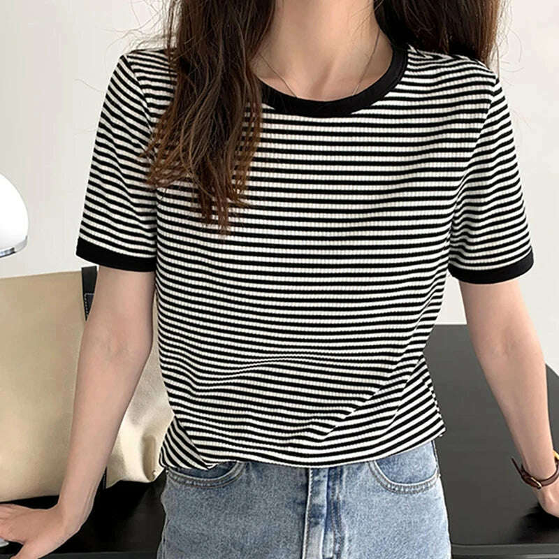 KIMLUD, Cotton T Shirt Women 2023 Summer Loose Striped T Shirts Casual O Neck Basic Ladies Clothes Korean Fashion T-shirt Female Tee Top, KIMLUD Womens Clothes