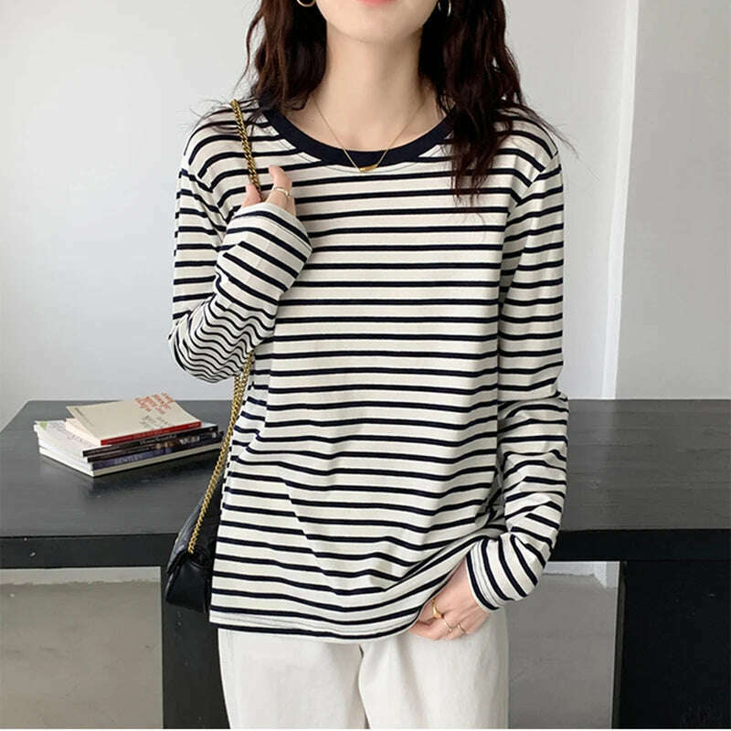 KIMLUD, Cotton T Shirt Women 2023 Summer Loose Striped T Shirts Casual O Neck Basic Ladies Clothes Korean Fashion T-shirt Female Tee Top, KIMLUD Womens Clothes