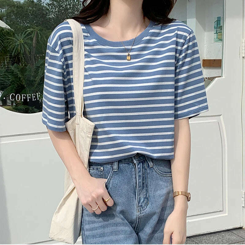 KIMLUD, Cotton T Shirt Women 2023 Summer Loose Striped T Shirts Casual O Neck Basic Ladies Clothes Korean Fashion T-shirt Female Tee Top, 965B / S, KIMLUD Womens Clothes