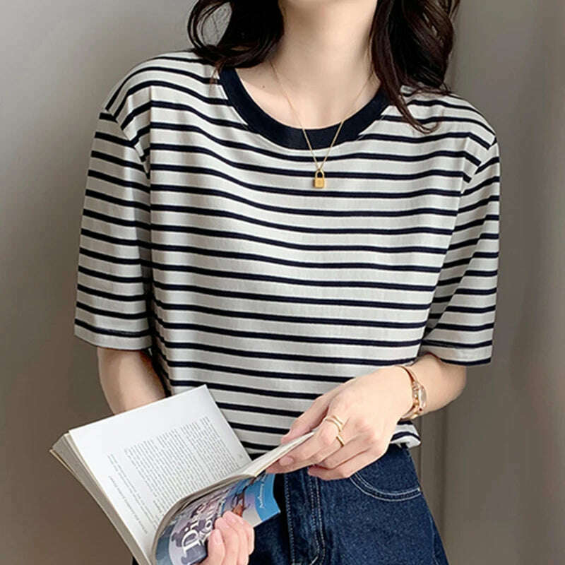 KIMLUD, Cotton T Shirt Women 2023 Summer Loose Striped T Shirts Casual O Neck Basic Ladies Clothes Korean Fashion T-shirt Female Tee Top, 965N / S, KIMLUD Womens Clothes