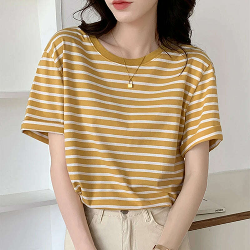 KIMLUD, Cotton T Shirt Women 2023 Summer Loose Striped T Shirts Casual O Neck Basic Ladies Clothes Korean Fashion T-shirt Female Tee Top, 965Y / M, KIMLUD Womens Clothes