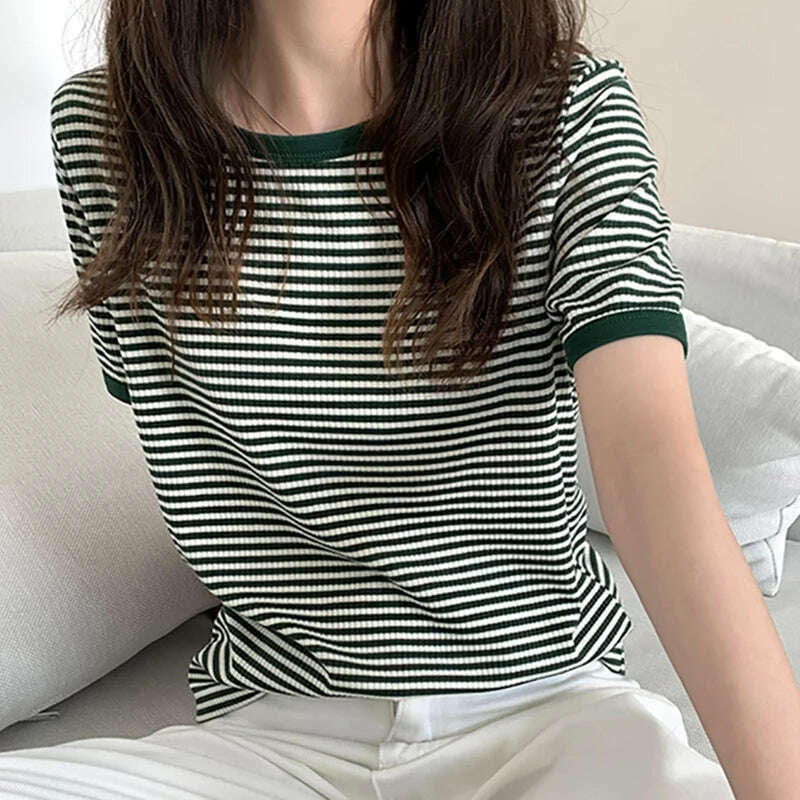 KIMLUD, Cotton T Shirt Women 2023 Summer Loose Striped T Shirts Casual O Neck Basic Ladies Clothes Korean Fashion T-shirt Female Tee Top, 6106G / S, KIMLUD Womens Clothes