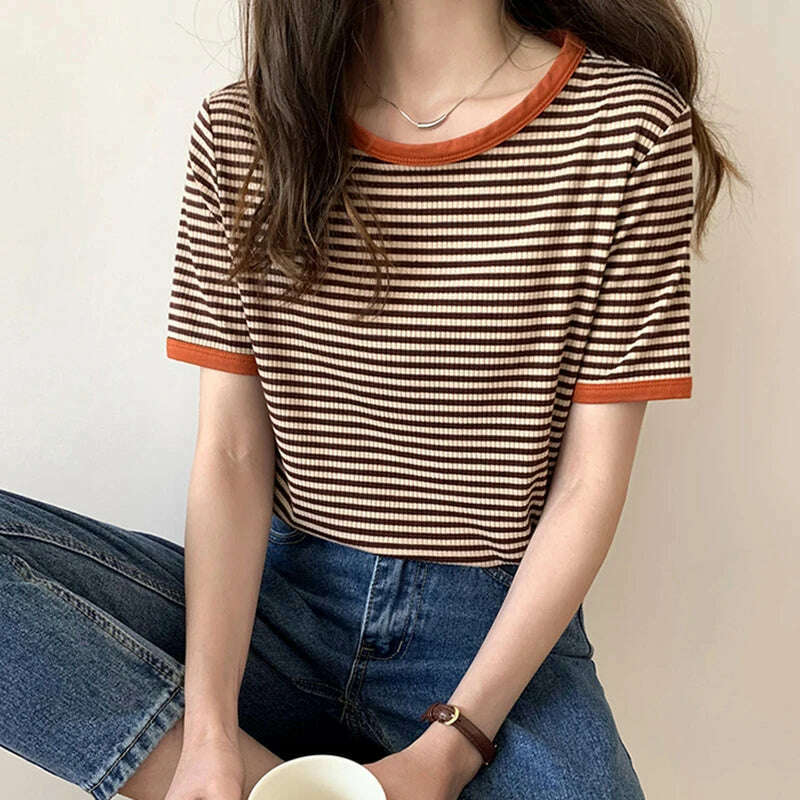 KIMLUD, Cotton T Shirt Women 2023 Summer Loose Striped T Shirts Casual O Neck Basic Ladies Clothes Korean Fashion T-shirt Female Tee Top, 6106C / L, KIMLUD Womens Clothes