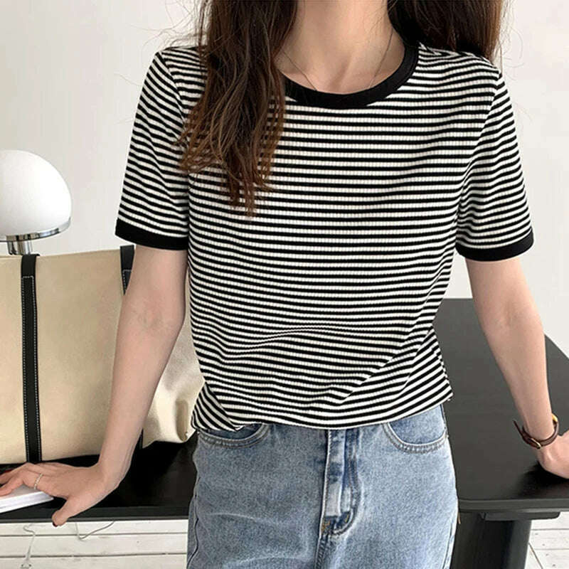 KIMLUD, Cotton T Shirt Women 2023 Summer Loose Striped T Shirts Casual O Neck Basic Ladies Clothes Korean Fashion T-shirt Female Tee Top, 6106B / L, KIMLUD Womens Clothes