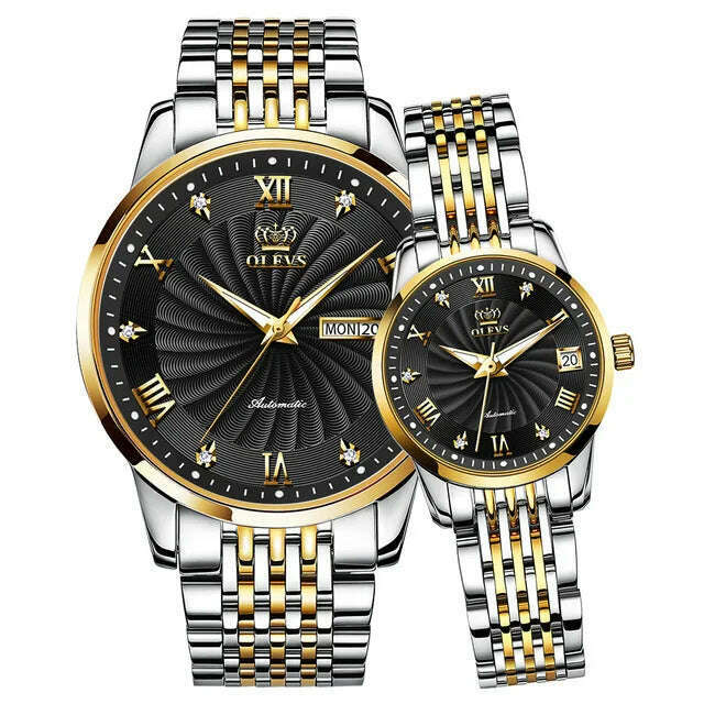 KIMLUD, Couple Watch OELVS  Brand Luxury Automatic Mechanical Watch Stainless Steel Waterproof Clock relogio masculino Couple Gift 6630, two tone black / China, KIMLUD Women's Clothes
