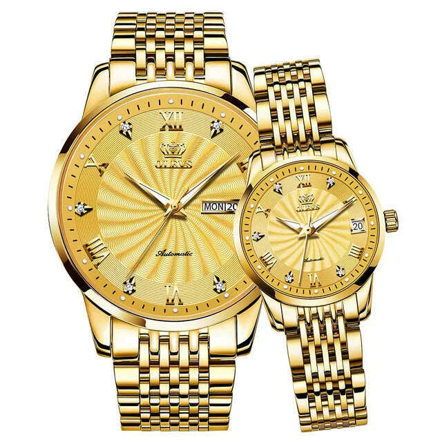 KIMLUD, Couple Watch OELVS  Brand Luxury Automatic Mechanical Watch Stainless Steel Waterproof Clock relogio masculino Couple Gift 6630, full gold / China, KIMLUD Women's Clothes