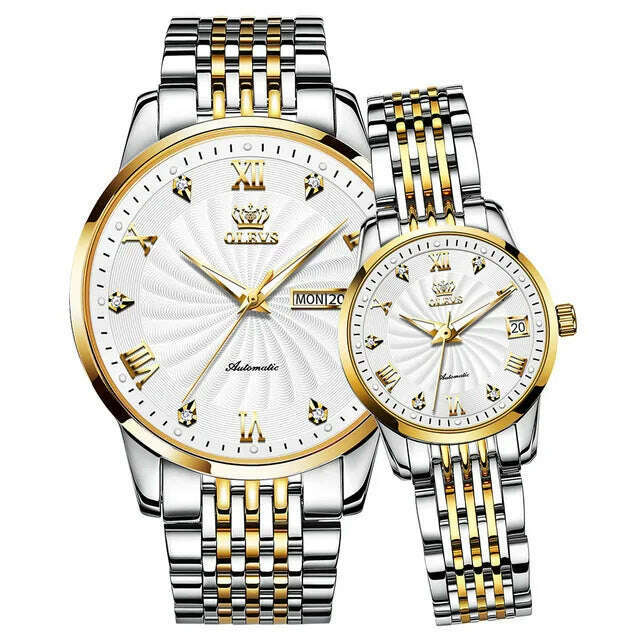 KIMLUD, Couple Watch OELVS  Brand Luxury Automatic Mechanical Watch Stainless Steel Waterproof Clock relogio masculino Couple Gift 6630, two tone gold / China, KIMLUD Women's Clothes